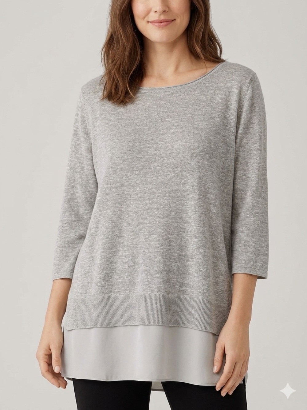 Eileen Fisher Sz XL Grey Linen Blend Silk Trim Lagenlook Sweater